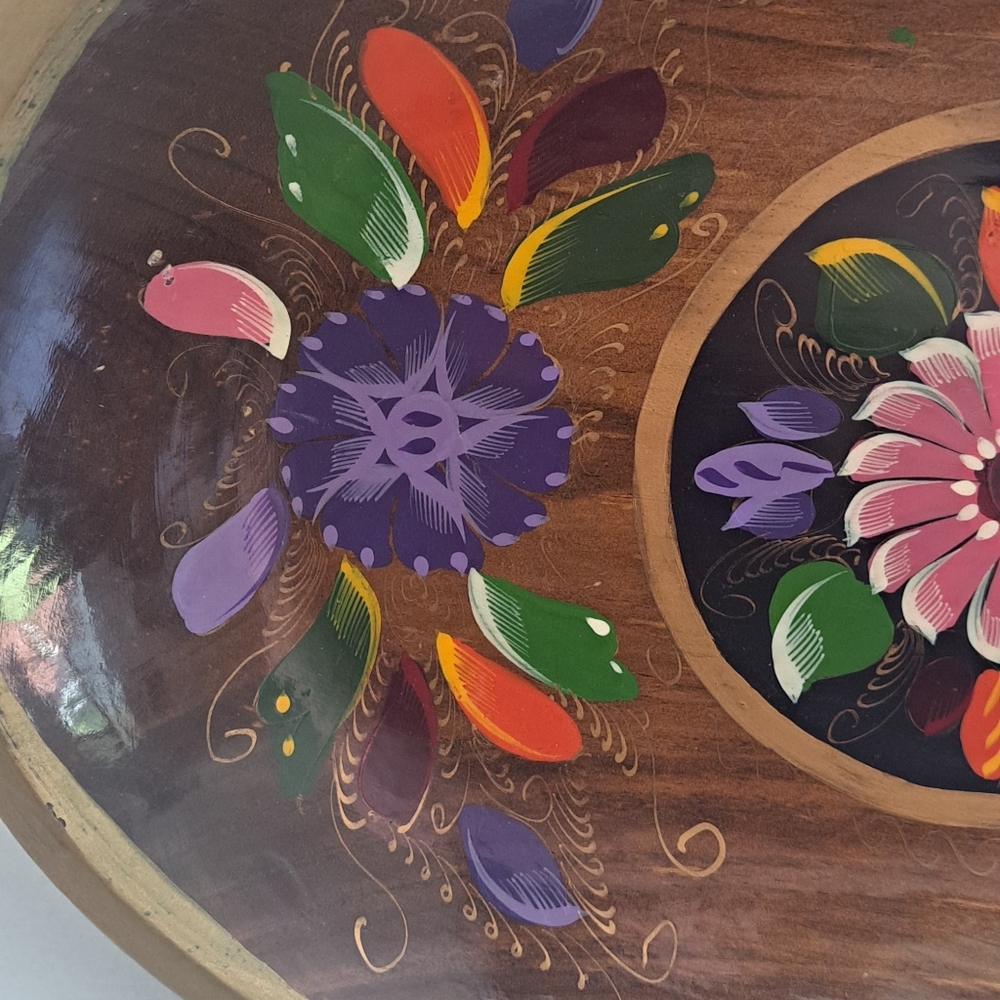 Vintage Hand painted, Mexican batea Boho Floral Gypsy Hippie Retro wood tray. - Picture 4 of 5